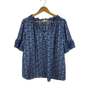 Max Studio Floral Blouse Size 2X Blue V-Neck‎ Lightweight Boho Cottage Relaxed